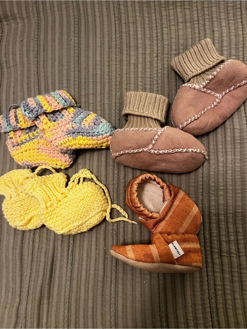Infant Booties Lot. Hand knitted and Suede Baby booties.